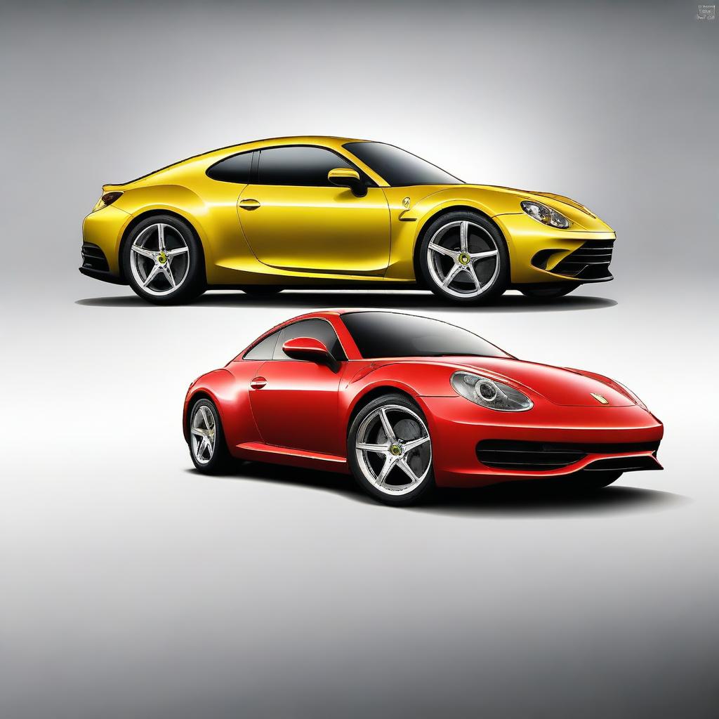 Create an image of a hybrid car that combines the sleek, high-performance design of a Ferrari with the classic, iconic shape of a Volkswagen Beetle