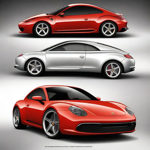 Create an image of a hybrid car that combines the sleek, high-performance design of a Ferrari with the classic, iconic shape of a Volkswagen Beetle