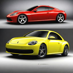 Create an image of a hybrid car that combines the sleek, high-performance design of a Ferrari with the classic, iconic shape of a Volkswagen Beetle