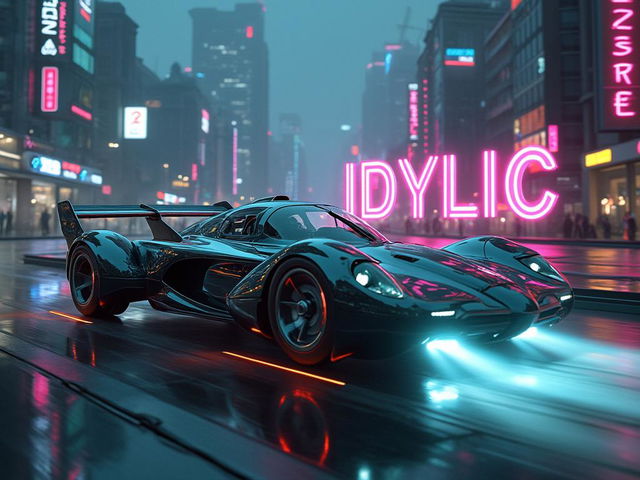 A sleek, futuristic flying car zooms through a neon-lit cyberpunk dystopian cityscape