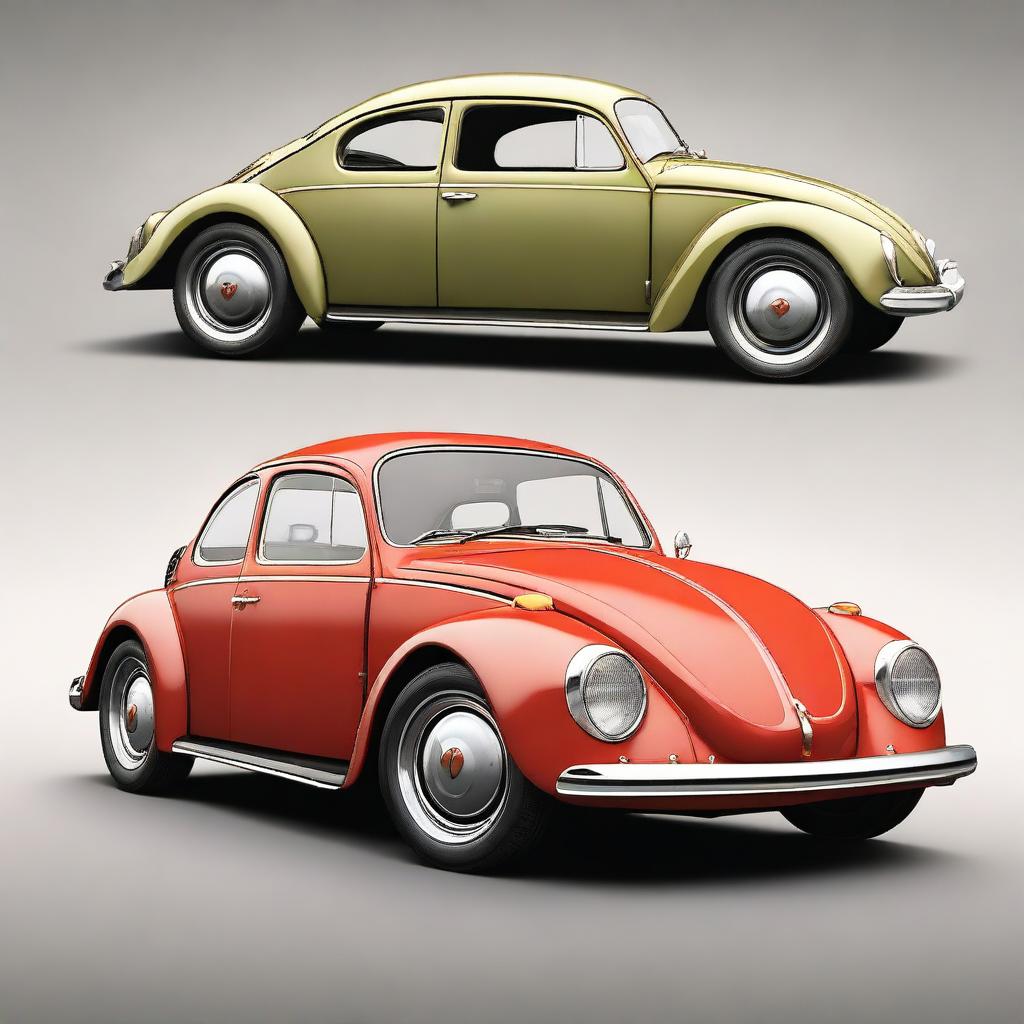 Create a realistic image of a hybrid car that combines an old Volkswagen Beetle with a Ferrari