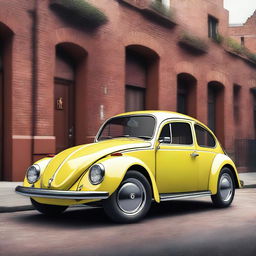 Create a realistic image of a hybrid car that combines an old Volkswagen Beetle with a Ferrari