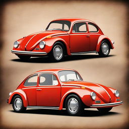 Create a realistic image of a hybrid car that combines an old Volkswagen Beetle with a Ferrari