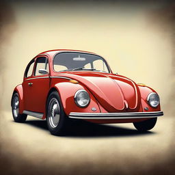 Create a realistic image of a hybrid car that combines an old Volkswagen Beetle with a Ferrari