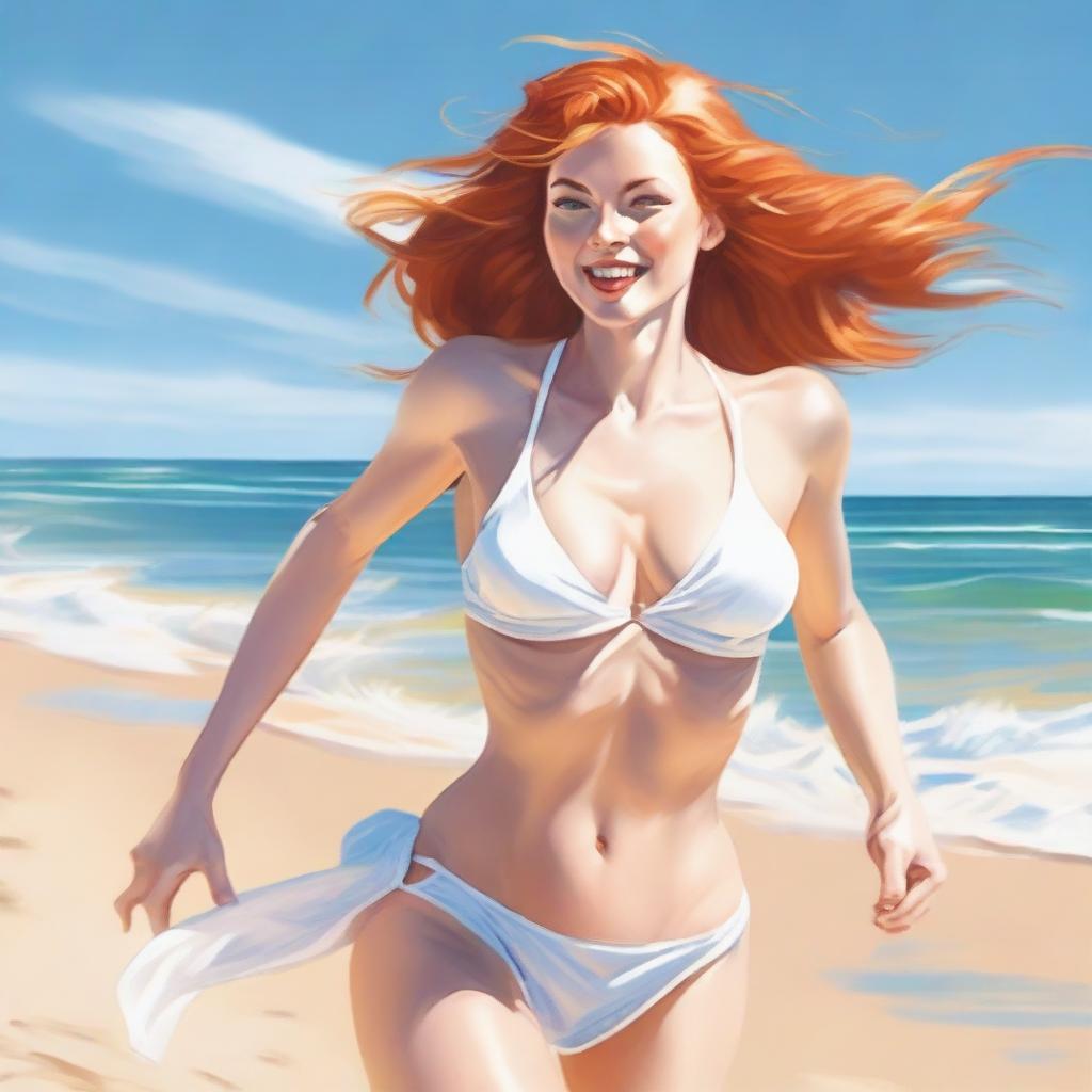 A fair-skinned redhead woman with a busty figure is running towards the viewer