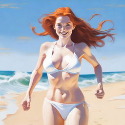 A fair-skinned redhead woman with a busty figure is running towards the viewer