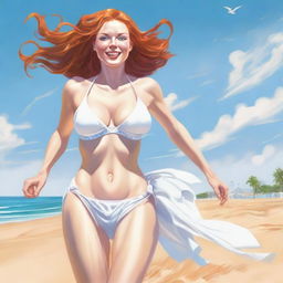 A fair-skinned redhead woman with a busty figure is running towards the viewer