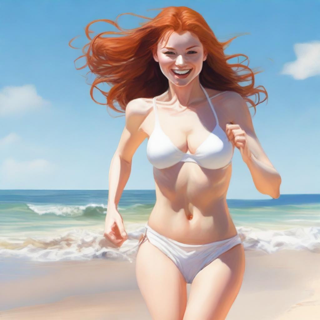 A fair-skinned redhead woman with a busty figure is running towards the viewer