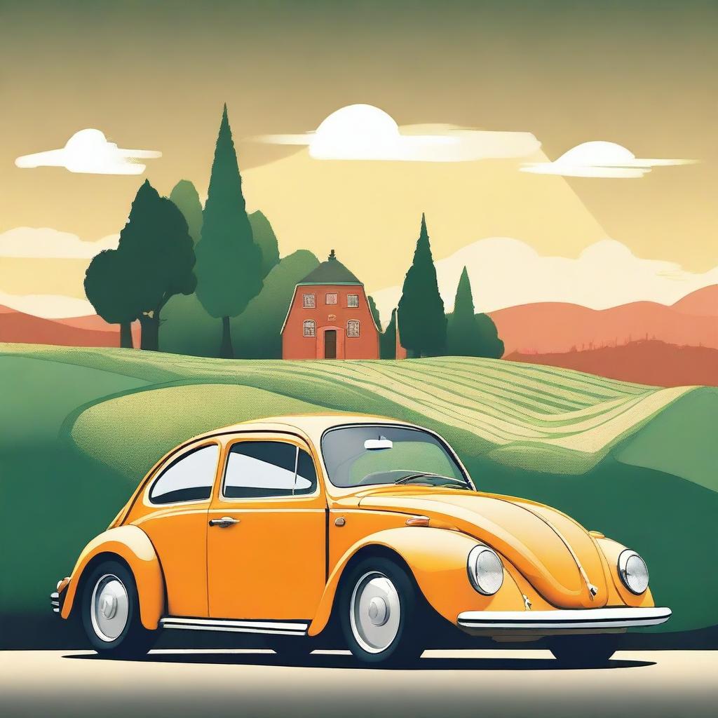 Create an image that imagines a hybrid car between a Ferrari and an old Volkswagen Beetle