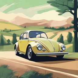 Create an image that imagines a hybrid car between a Ferrari and an old Volkswagen Beetle