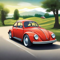 Create an image that imagines a hybrid car between a Ferrari and an old Volkswagen Beetle