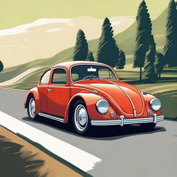 Create an image that imagines a hybrid car between a Ferrari and an old Volkswagen Beetle