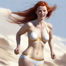 A realistic depiction of a fair-skinned redhead woman running towards the viewer