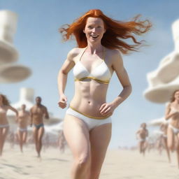 A realistic depiction of a fair-skinned redhead woman running towards the viewer