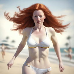 A realistic depiction of a fair-skinned redhead woman running towards the viewer