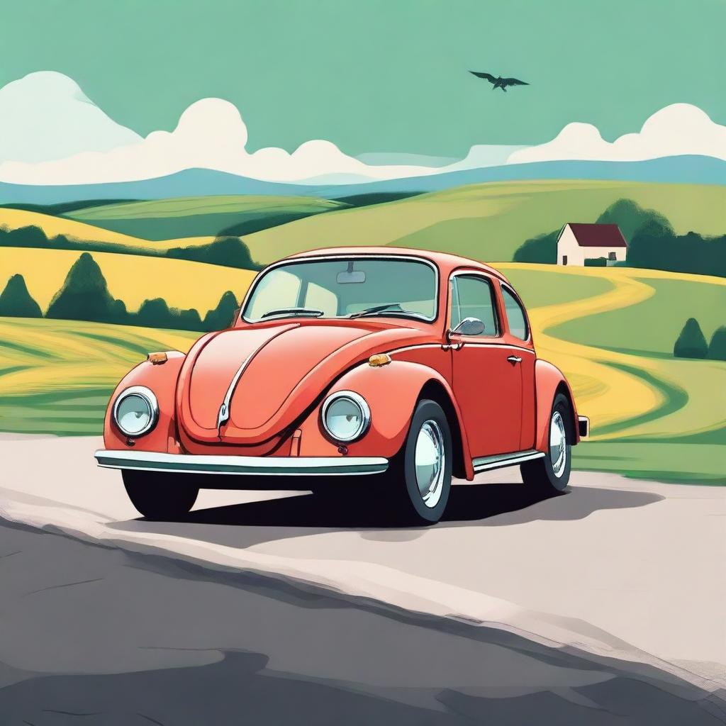 Create an image that imagines a hybrid car between a Ferrari and an old Volkswagen Beetle