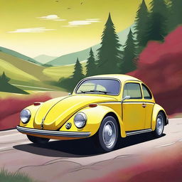 Create an image that imagines a hybrid car between a Ferrari and an old Volkswagen Beetle