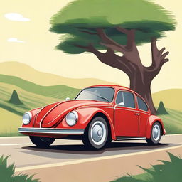 Create an image that imagines a hybrid car between a Ferrari and an old Volkswagen Beetle