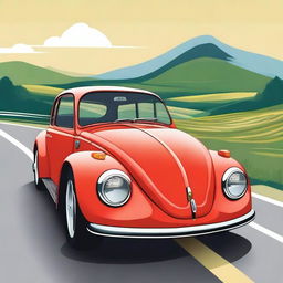 Create an image that imagines a hybrid car between a Ferrari and an old Volkswagen Beetle