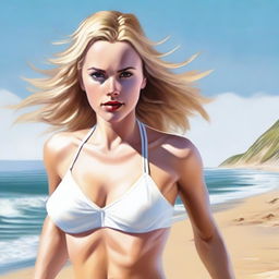 A realistic depiction of Scarlett Jones running toward the viewer, wearing a white bikini with gold trim