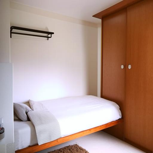 Small room featuring a cozy bed, a multipurpose table, a fixed cupboard and a movable cupboard, adjacent to an attached bathroom.