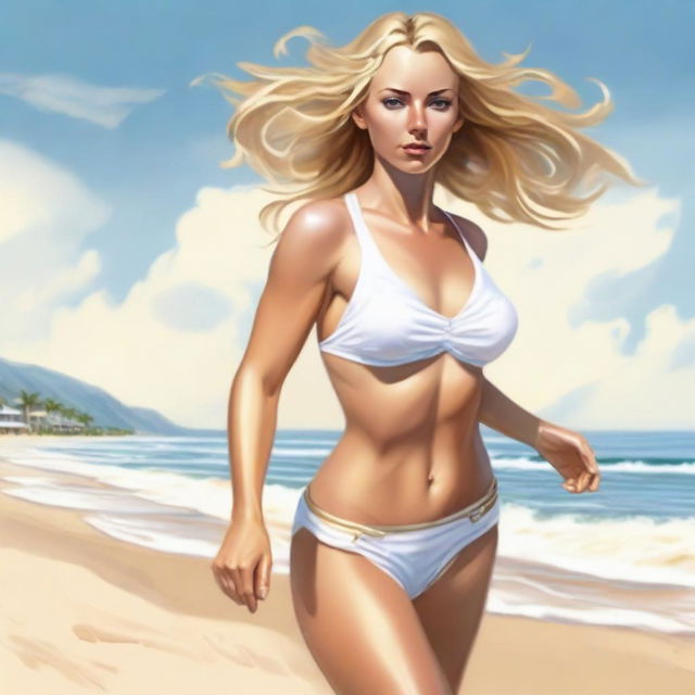 A realistic depiction of Scarlett Jones running toward the viewer, wearing a white bikini with gold trim