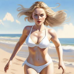 A realistic depiction of Scarlett Jones running toward the viewer, wearing a white bikini with gold trim