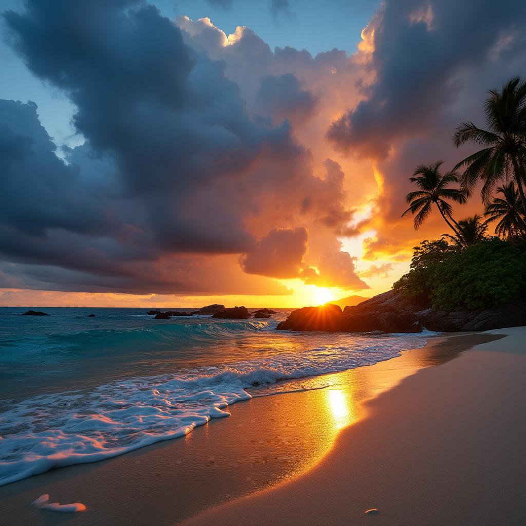 A beautiful sunset at the beach on a tropical island with storm clouds parting, showcasing a mix of serene and dramatic elements