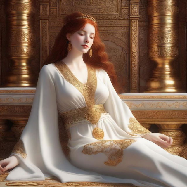 A full body realistic depiction of a busty, fair-skinned redhead priestess reclining