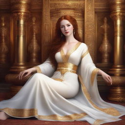 A full body realistic depiction of a busty, fair-skinned redhead priestess reclining