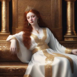 A full body realistic depiction of a busty, fair-skinned redhead priestess reclining