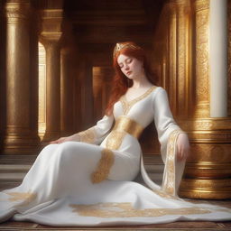 A full body realistic depiction of a busty, fair-skinned redhead priestess reclining