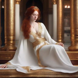 A full body realistic depiction of a busty, fair-skinned redhead priestess laying down