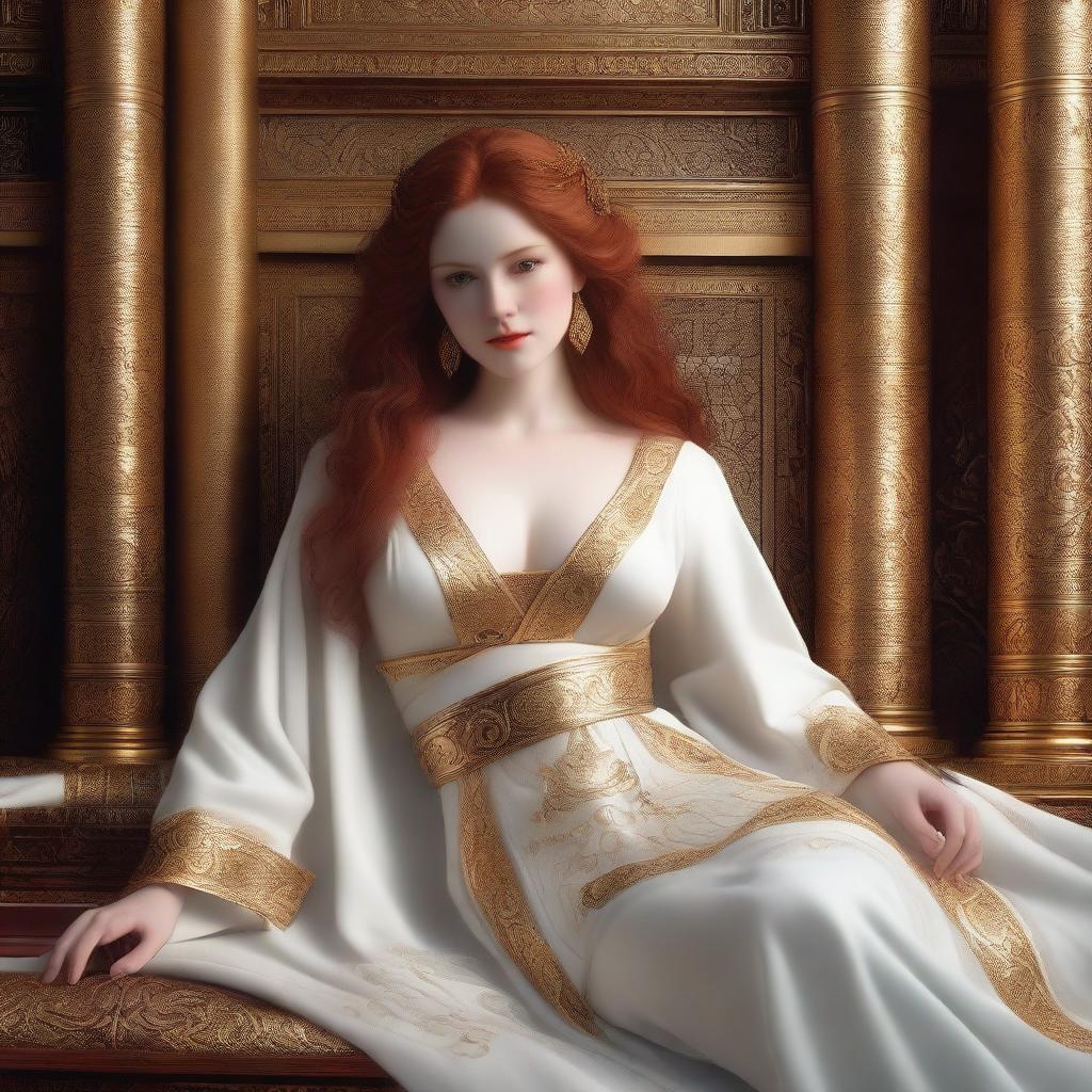 A full body realistic depiction of a busty, fair-skinned redhead priestess laying down