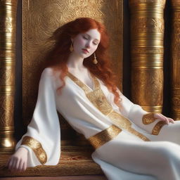 A full body realistic depiction of a busty, fair-skinned redhead priestess laying down