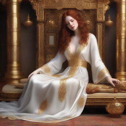 A full body realistic depiction of a busty, fair-skinned redhead priestess laying down