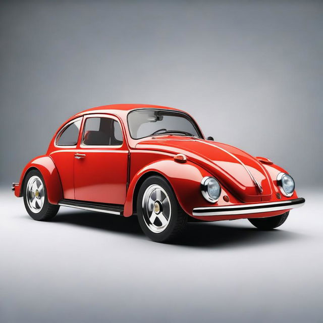 Create a realistic image of a unique hybrid vehicle that combines the characteristics of a modern Ferrari with a vintage Volkswagen Beetle