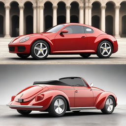 Create a realistic image of a unique hybrid vehicle that combines the characteristics of a modern Ferrari with a vintage Volkswagen Beetle