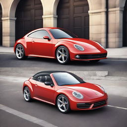 Create a realistic image of a unique hybrid vehicle that combines the characteristics of a modern Ferrari with a vintage Volkswagen Beetle