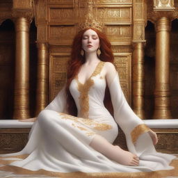 A full body realistic depiction of a busty, fair-skinned redhead priestess laying down