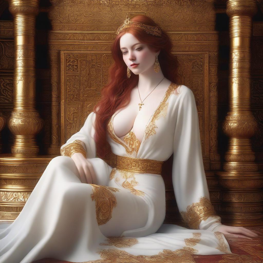 A full body realistic depiction of a busty, fair-skinned redhead priestess laying down