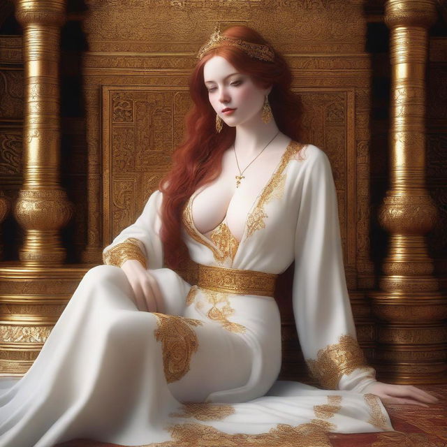 A full body realistic depiction of a busty, fair-skinned redhead priestess laying down