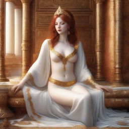 A full body realistic depiction of a busty, fair-skinned redhead priestess laying down