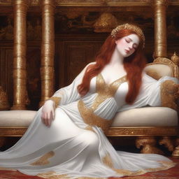 A full body realistic depiction of a busty, fair-skinned redhead priestess laying down