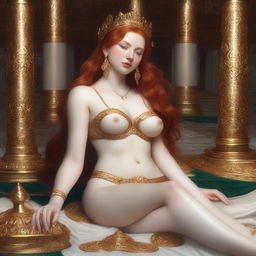 A full body realistic depiction of a busty, fair-skinned redhead priestess laying down