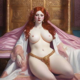 A full body realistic depiction of a busty, fair-skinned redhead priestess laying down