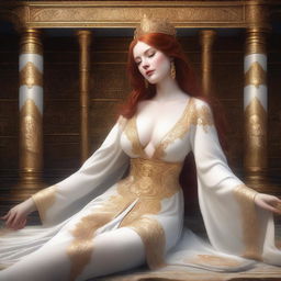 A full body realistic depiction of a busty, fair-skinned redhead priestess laying down