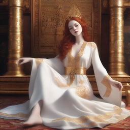 A full body realistic depiction of a busty, fair-skinned redhead priestess laying down