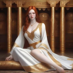 A full body realistic depiction of a busty, fair-skinned redhead priestess laying down