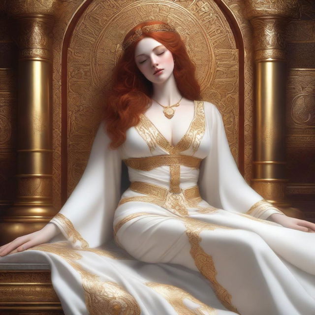 A full body realistic depiction of a busty, fair-skinned redhead priestess laying down